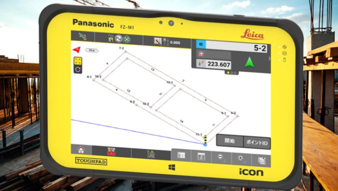 CC80の画面。3Dモデル上に墨出しポイントや現在位置が表示され、目標点までの方向や距離でわかりやすくナビゲーションしてくれる